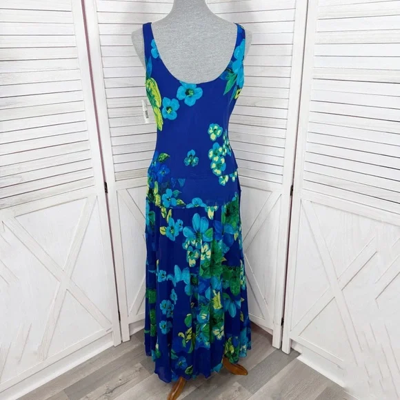 New Directions Tropical Flower Print Tiered Maxi Slip Dress Blue Green 10 - Picture 4 of 11